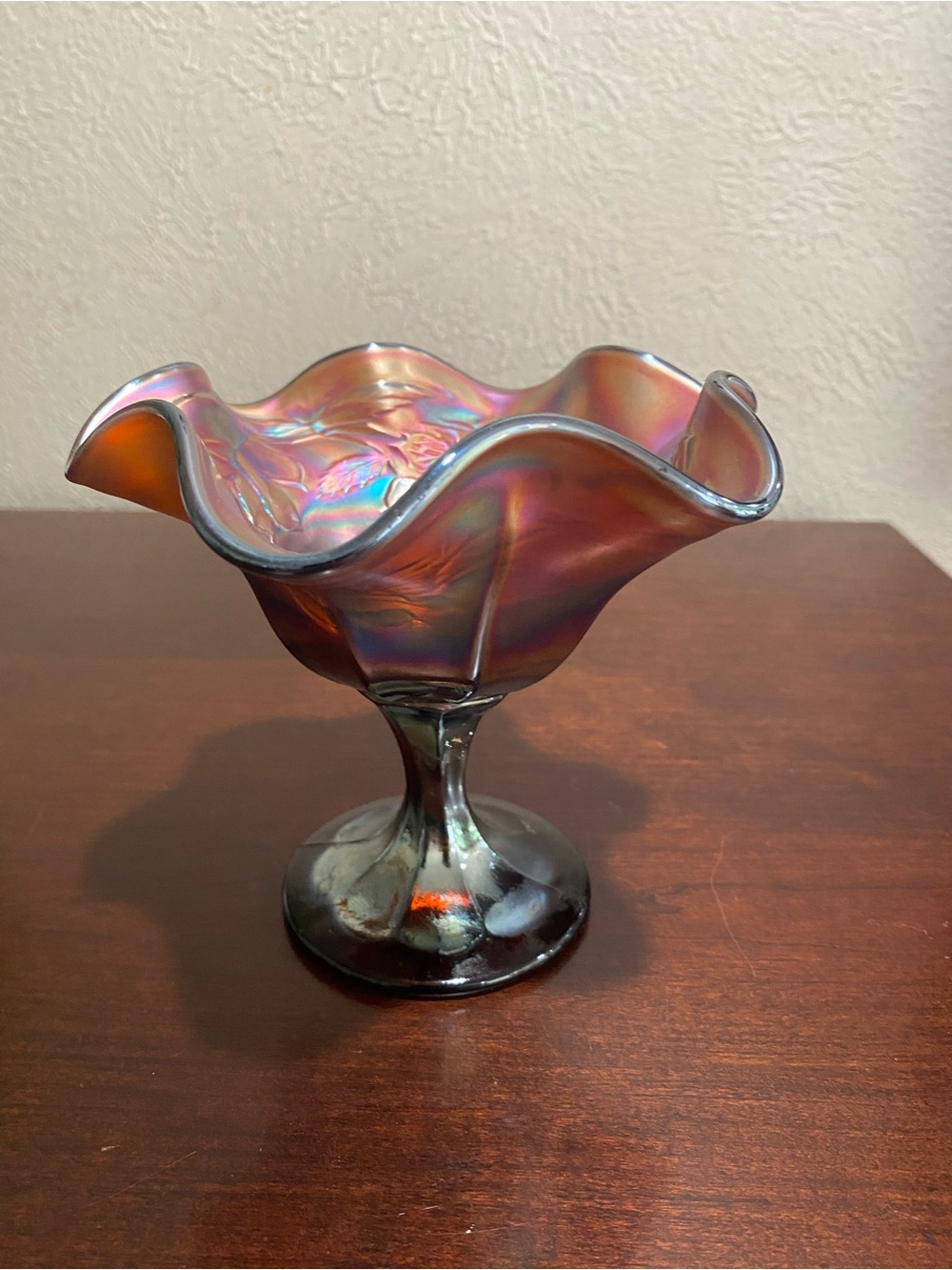 Vintage, Fenton Carnival Glass, Iridescent Ruffled Compote